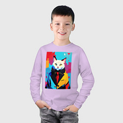 Лонгслив хлопковый детский Белый кот модник - поп-арт, цвет: лаванда — фото 2