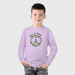 Лонгслив хлопковый детский Хиппи знак мира цветочный пастельный peace and lov, цвет: лаванда — фото 2