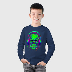 Лонгслив хлопковый детский Кислотного цвета череп в наушниках, цвет: тёмно-синий — фото 2