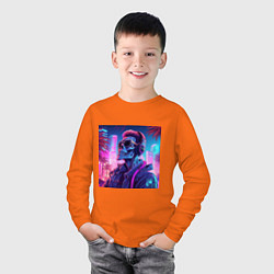 Лонгслив хлопковый детский Скелет на фоне неонового города, цвет: оранжевый — фото 2
