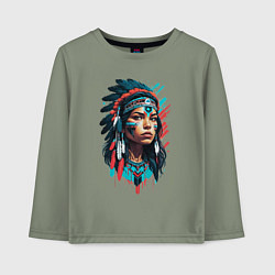 Лонгслив хлопковый детский Индианка в роуче и боевой раскраске, цвет: авокадо