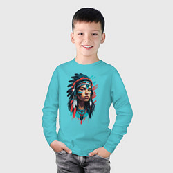 Лонгслив хлопковый детский Индианка в роуче и боевой раскраске, цвет: бирюзовый — фото 2