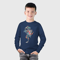 Лонгслив хлопковый детский Китайский дракон с иероглифами, цвет: тёмно-синий — фото 2
