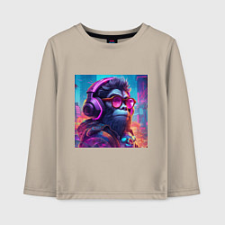 Лонгслив хлопковый детский Обезьяна в наушниках и очках, цвет: миндальный
