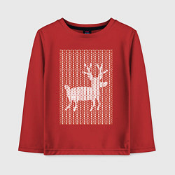 Лонгслив хлопковый детский Новогодний олень орнамент вязанный свитер, цвет: красный