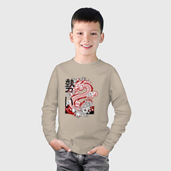 Лонгслив хлопковый детский Татуировка с японским иероглифом и драконом, цвет: миндальный — фото 2