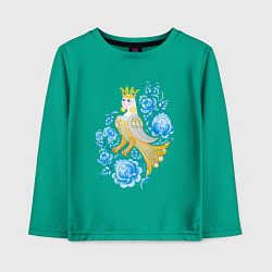 Лонгслив хлопковый детский Птица Сирин в цветах по мотивам гжельской росписи, цвет: зеленый