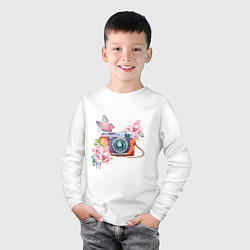 Лонгслив хлопковый детский Фотоаппарат в цветах и бабочки, цвет: белый — фото 2