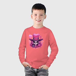 Лонгслив хлопковый детский Розовый череп с розовой шляпой ведьмы, цвет: коралловый — фото 2