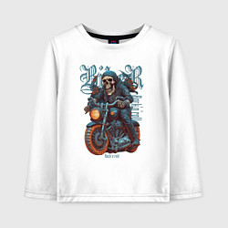 Лонгслив хлопковый детский Скелет байкера на мотоцикле под rocknroll, цвет: белый