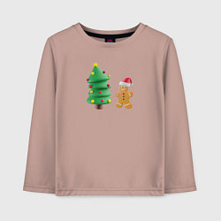 Лонгслив хлопковый детский Пряничный человечек у елки, цвет: пыльно-розовый