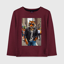 Лонгслив хлопковый детский Cool tiger on the streets of New York - ai art, цвет: меланж-бордовый