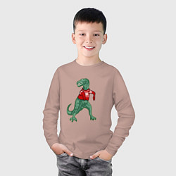 Лонгслив хлопковый детский Динозавр в новогоднем свитере, цвет: пыльно-розовый — фото 2