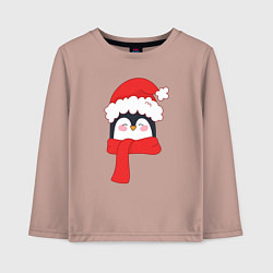 Лонгслив хлопковый детский Новогодний пингвин в шапке Деда Мороза, цвет: пыльно-розовый