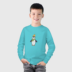 Лонгслив хлопковый детский Весёлый пингвин в шапке, цвет: бирюзовый — фото 2