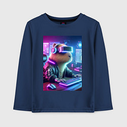 Лонгслив хлопковый детский Капибара игроман - неоновое свечение, цвет: тёмно-синий
