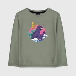 Лонгслив хлопковый детский Годзилла выходит из волн, цвет: авокадо