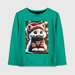 Лонгслив хлопковый детский Котик в новогоднем свитере, цвет: зеленый