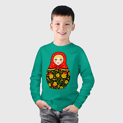 Лонгслив хлопковый детский Матрёшка в хохломской росписи, цвет: зеленый — фото 2