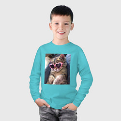 Лонгслив хлопковый детский Милый мем-кот в очках в стиле аниме, цвет: бирюзовый — фото 2