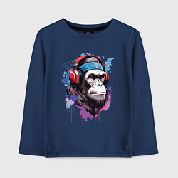 Лонгслив хлопковый детский Шимпанзе в наушниках, цвет: тёмно-синий