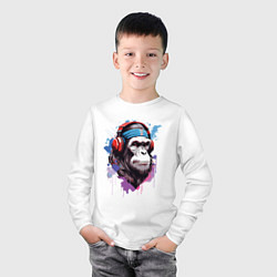 Лонгслив хлопковый детский Шимпанзе в наушниках, цвет: белый — фото 2