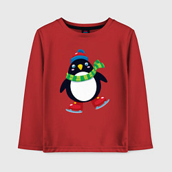 Лонгслив хлопковый детский Пингвин на коньках, цвет: красный