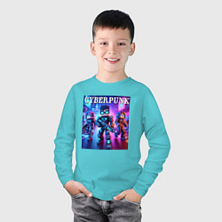 Лонгслив хлопковый детский Minecraft and cyberpunk - collaboration, цвет: бирюзовый — фото 2