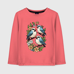 Лонгслив хлопковый детский Три птицы на ветках в цветах, цвет: коралловый