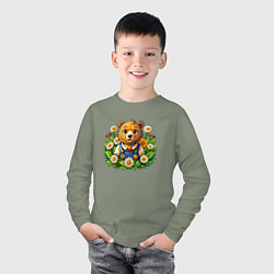Лонгслив хлопковый детский Медведь среди ромашек, цвет: авокадо — фото 2