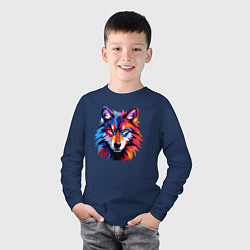 Лонгслив хлопковый детский Красочный волк поп арт, цвет: тёмно-синий — фото 2