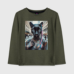 Лонгслив хлопковый детский Пантера панк из Нью-Йорка - нейросеть, цвет: меланж-хаки