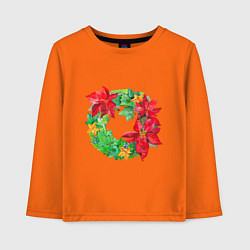 Лонгслив хлопковый детский Новогодний венок из плюща и пуансеттии, цвет: оранжевый