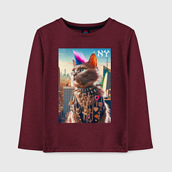 Лонгслив хлопковый детский Funny cat punk from New York - ai art, цвет: меланж-бордовый