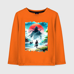 Лонгслив хлопковый детский Призрак Цусимы - самурай на берегу озера, цвет: оранжевый