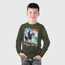 Лонгслив хлопковый детский Японский самурай на коне - нейросеть, цвет: меланж-хаки — фото 2