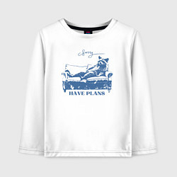 Лонгслив хлопковый детский Енот лежит на диване и чилит, цвет: белый