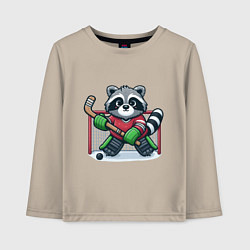 Лонгслив хлопковый детский Енот хоккеист вратарь, цвет: миндальный