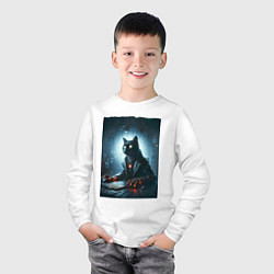 Лонгслив хлопковый детский Кибер кот за компьютером - неоновое свечение, цвет: белый — фото 2