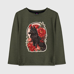 Лонгслив хлопковый детский Чёрный волк и красные цветы, цвет: меланж-хаки