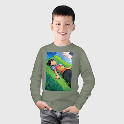 Лонгслив хлопковый детский Аниме мальчик на траве, цвет: авокадо — фото 2