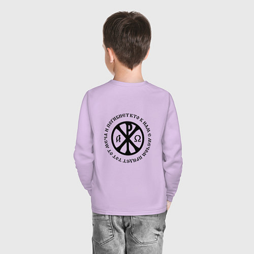 Детский лонгслив Кто к нам с мечом придет хризма черная текст кругл / Лаванда – фото 4