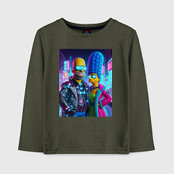 Лонгслив хлопковый детский Гомер и Мардж Симпсоны - киберпанк, цвет: меланж-хаки