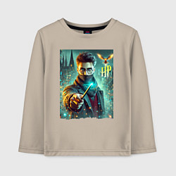 Лонгслив хлопковый детский Harry Potter with a magic wand - ai art fantasy, цвет: миндальный