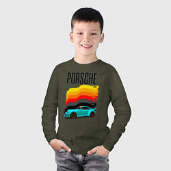 Лонгслив хлопковый детский Автомобиль Porsche на фоне флага Германии, цвет: меланж-хаки — фото 2