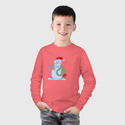 Лонгслив хлопковый детский Новогодний снеговик и змея, цвет: коралловый — фото 2