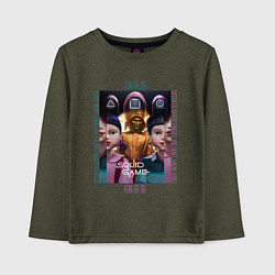 Лонгслив хлопковый детский Игра в кальмара на фоне кукол роботов, цвет: меланж-хаки