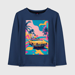 Лонгслив хлопковый детский Кабриолет едет по тропическому острову, цвет: тёмно-синий
