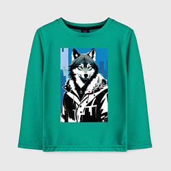 Лонгслив хлопковый детский Волк в мегаполисе - нейроарт, цвет: зеленый