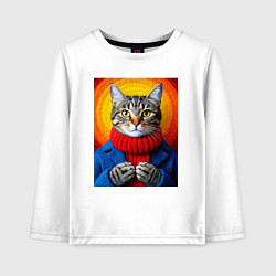 Лонгслив хлопковый детский Котик в вязаной кофте, цвет: белый